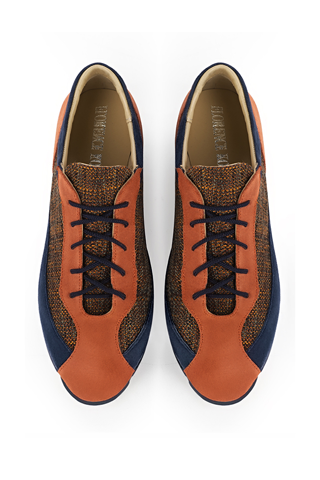Terracotta orange and navy blue women's three-tone elegant sneakers. Round toe. Flat rubber soles. Top view - Florence KOOIJMAN